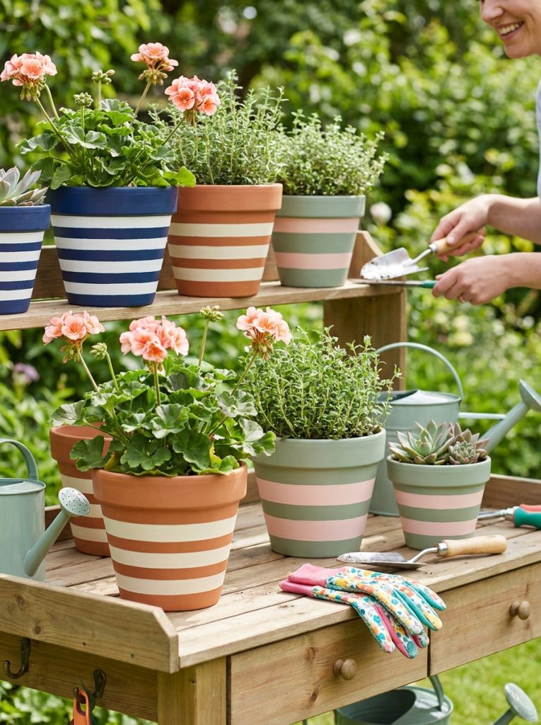  Terracotta pots with clean colorful horizontal stripes in navy white and sage green combinations
