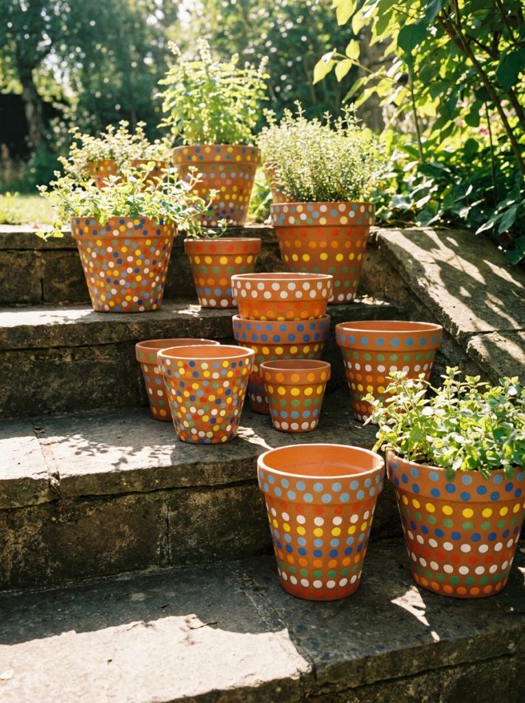 Terracotta pots painted with cheerful colorful polka dot patterns grouped on sunny garden steps 