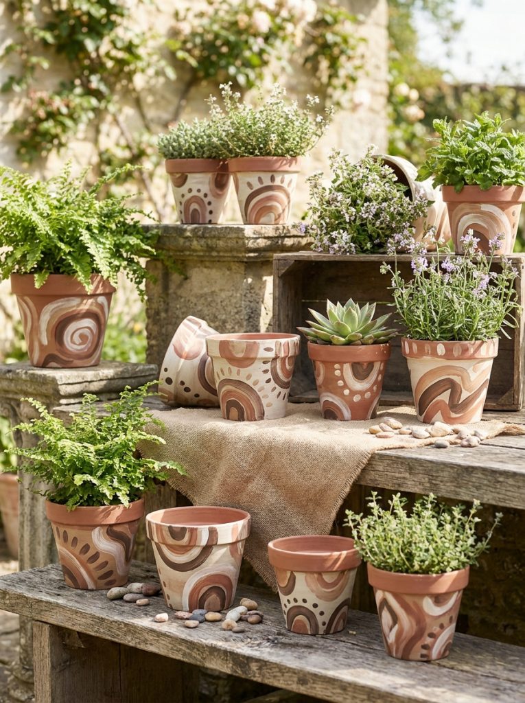 Terracotta pots painted in earthy pottery style with organic brushstroke textures in brown and cream tones