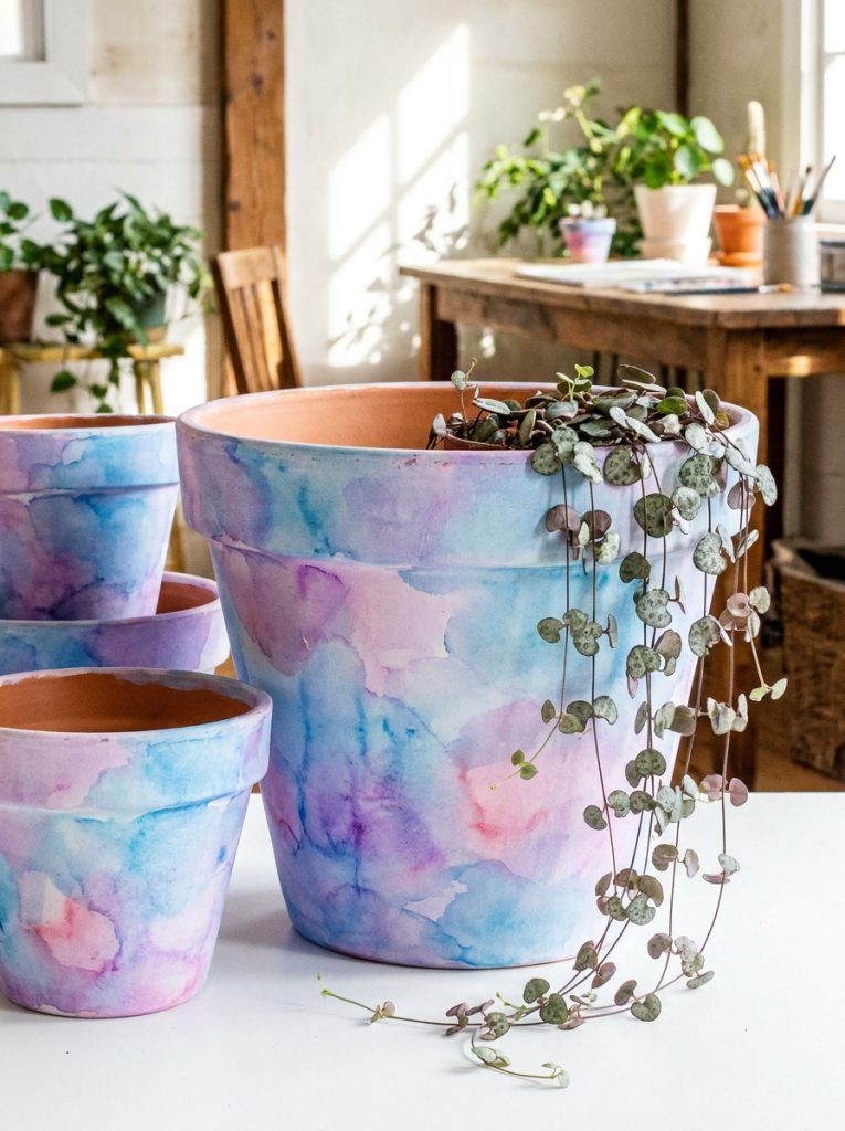 Terracotta pots with beautiful watercolor wash effect in soft blues purples and pinks with trailing plant