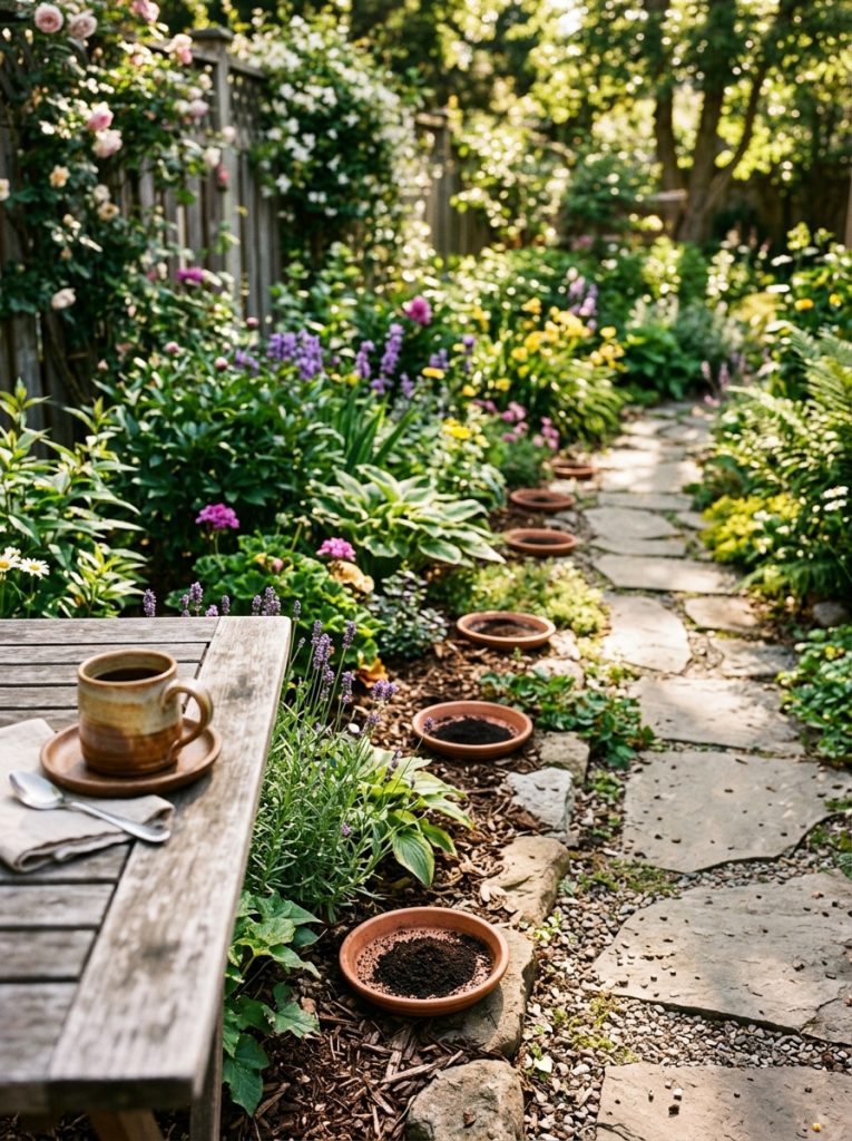 Terracotta saucers filled with burnt coffee grounds placed around outdoor patio and garden border