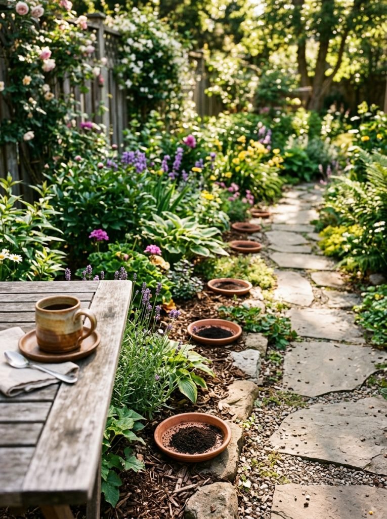 Terracotta saucers filled with burnt coffee grounds placed around outdoor patio and garden border