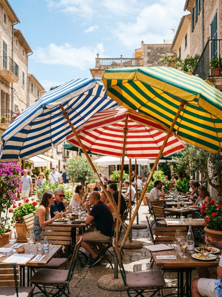 Three colorful market umbrellas clustered over patio dining area for full shade