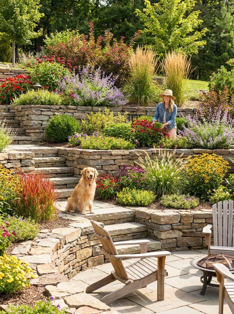 Beautifully tiered sloped backyard with multiple natural rock retaining wall levels each planted with colorful plants