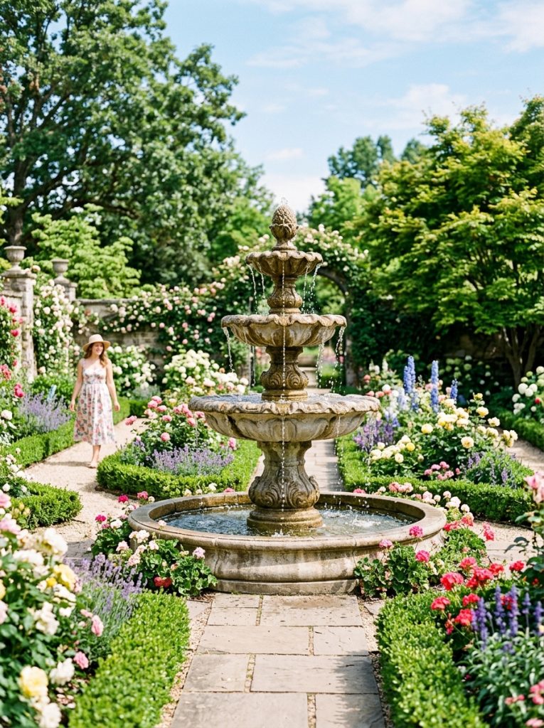 Beautiful tiered water fountain design with water cascading from each level in classical balanced design surrounded by garden flowers 