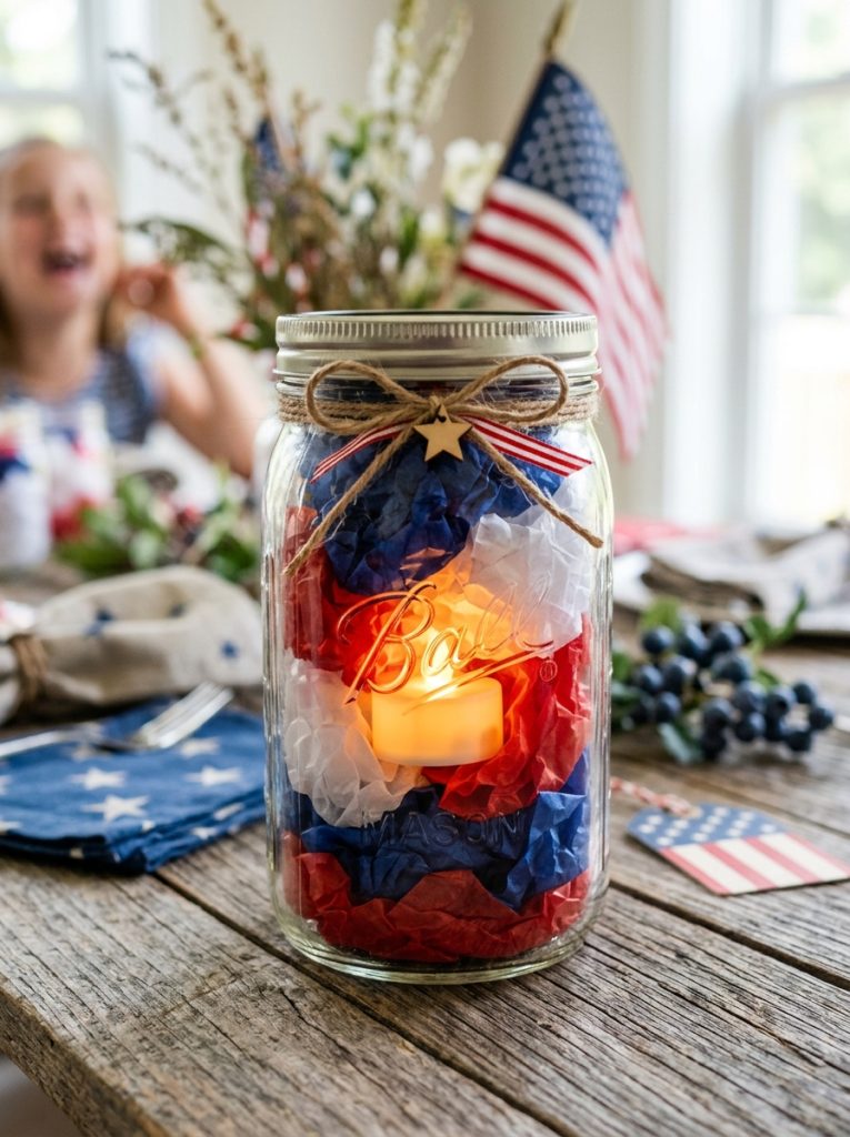 Beautiful tissue paper firework july craft with red white blue tissue paper in glass jar and battery candle creating glowing patriotic effect 