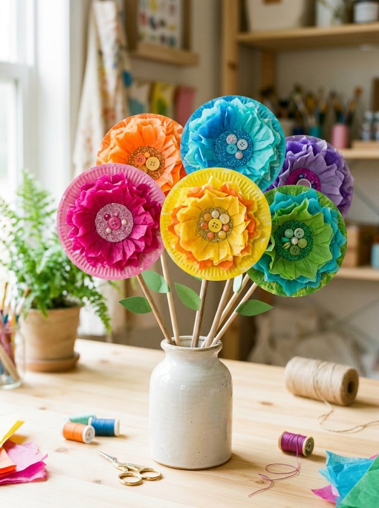 Beautiful tissue paper plate flower crafts with colorful tissue paper petals on plate bases creating textured dimensional flowers