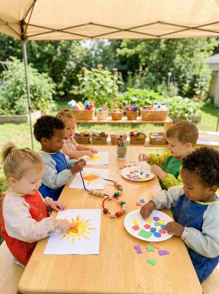 Toddler daycare group doing summer crafts at long table with multiple young children in cheerful organized session 