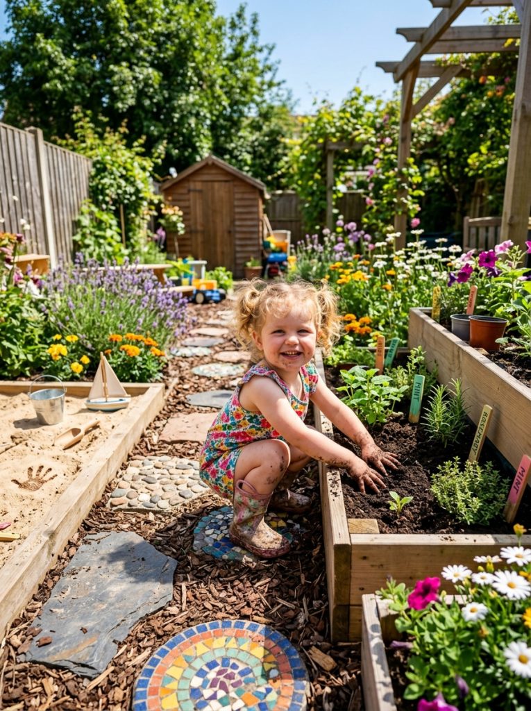 Kids sensory garden outdoor play area with stepping stones and colorful flowers