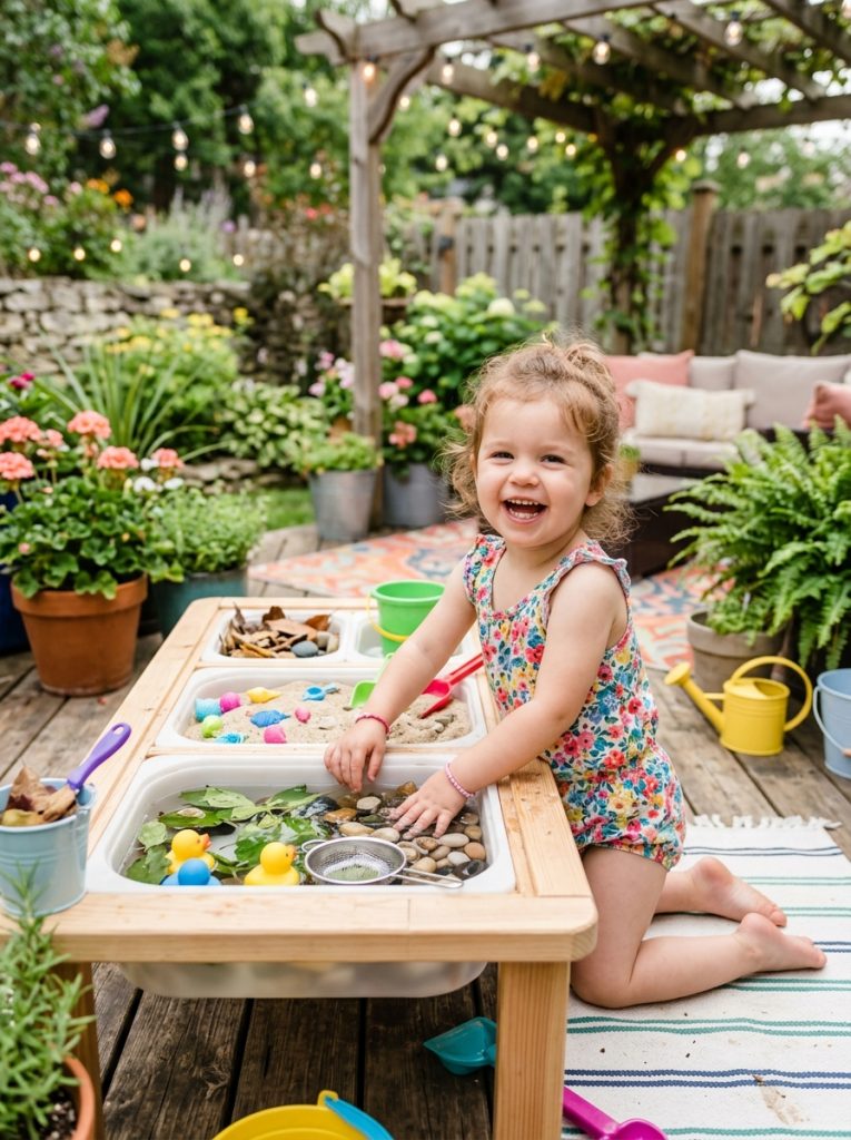 Outdoor sensory play area for toddlers with colorful bins sand and natural materials