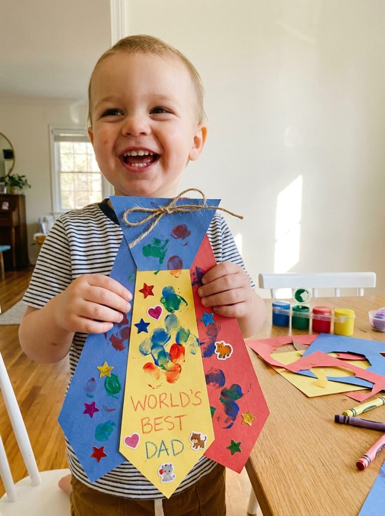  Cute toddler fathers day paper tie with fingerprints stickers and best dad message and string
