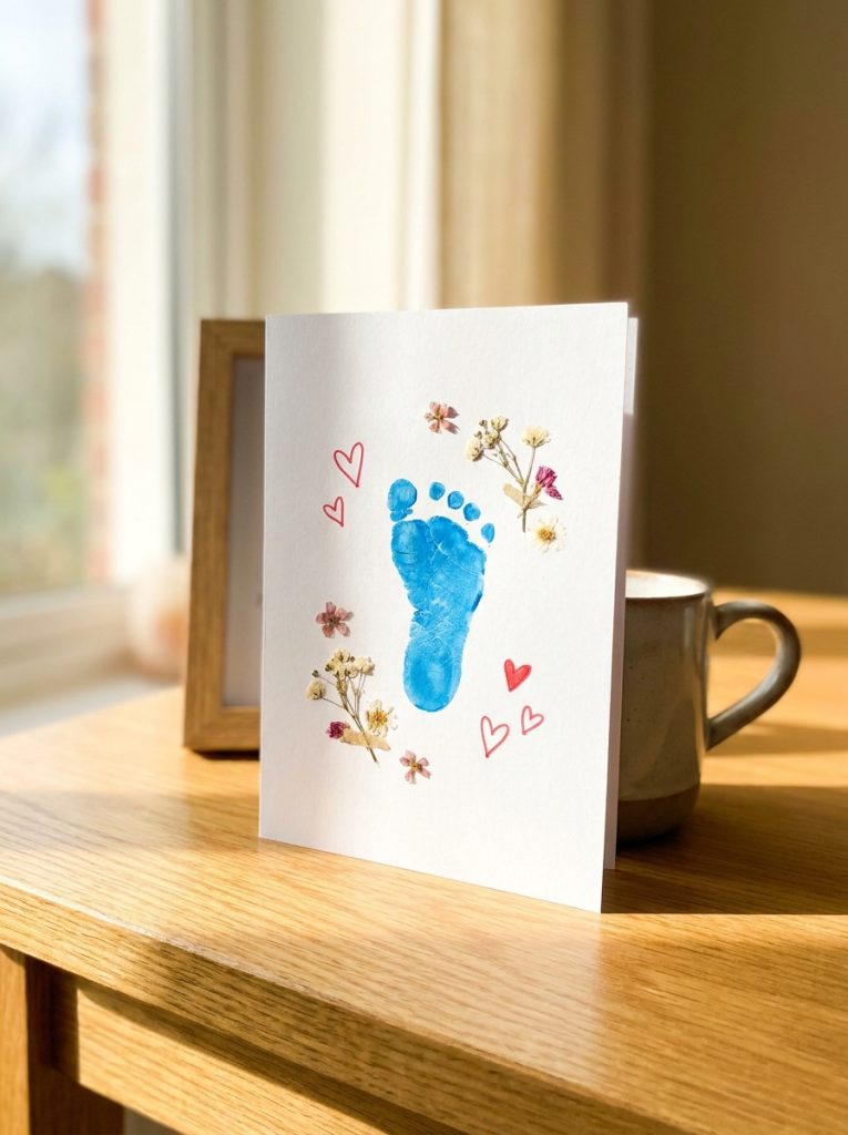Cute footprint art fathers day card with colorful toddler footprint and heart decorations