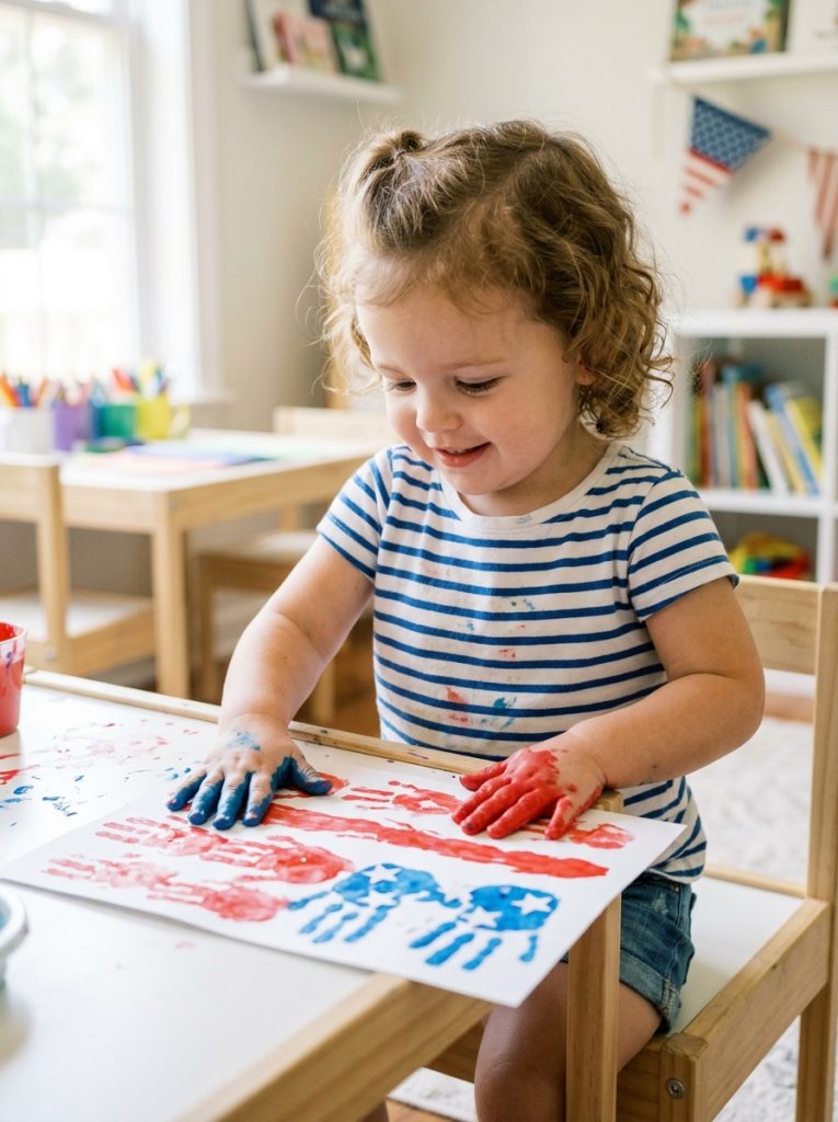  Toddler making handprint flag july craft with red and blue painted hands pressing onto white paper creating patriotic flag