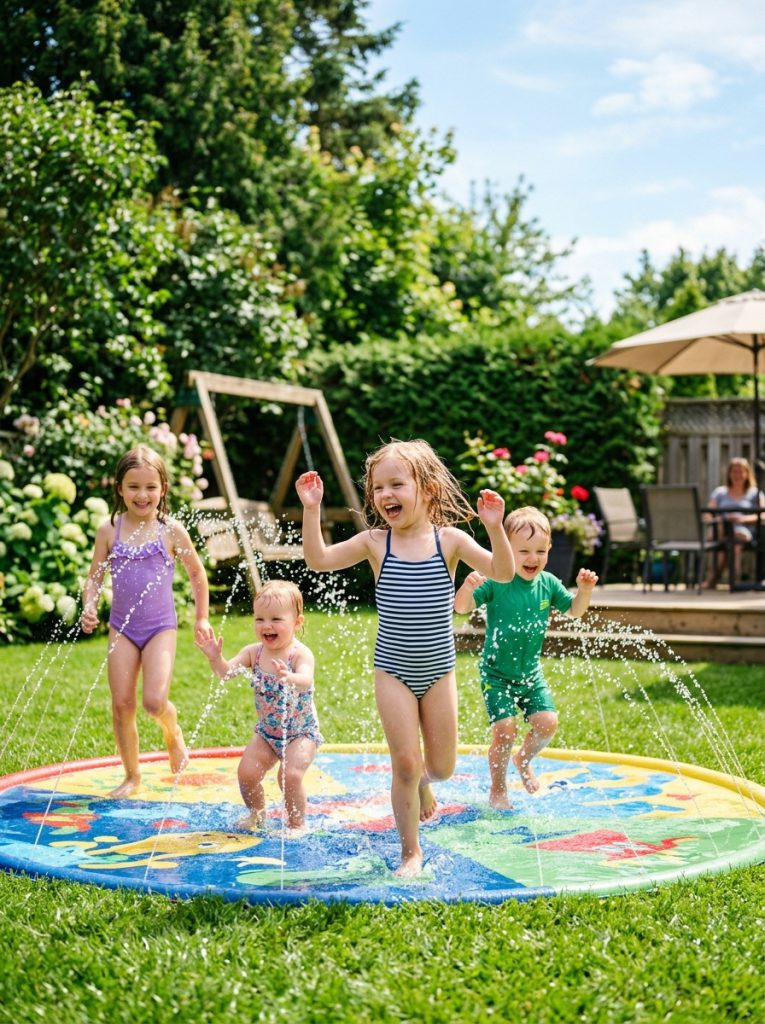 Backyard splash pad with colorful water jets and kids running through water on sunny day