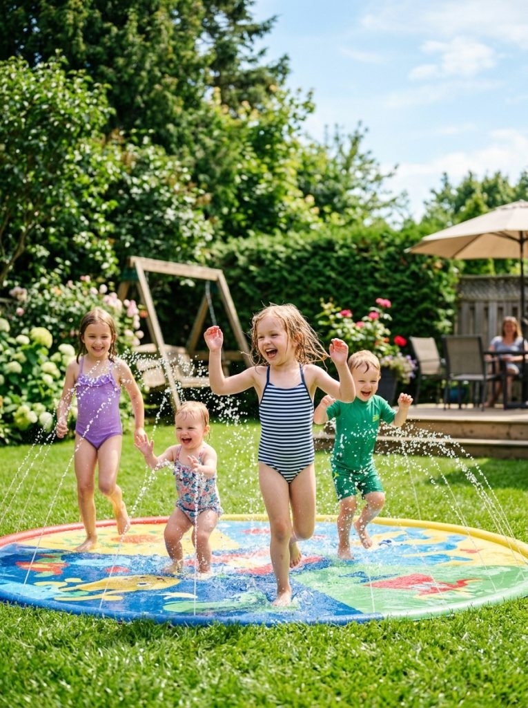 Backyard splash pad with colorful water jets and kids running through water on sunny day