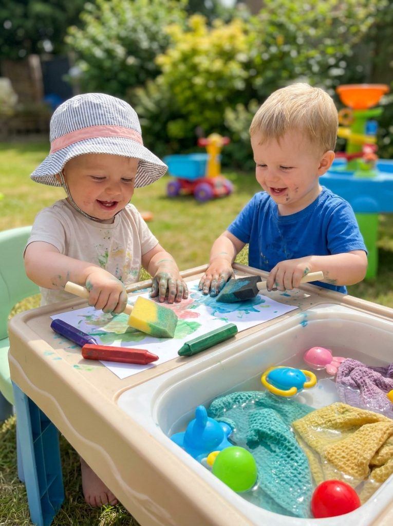 Toddlers doing easy sensory summer crafts using safe supplies to explore colors textures and creative play 