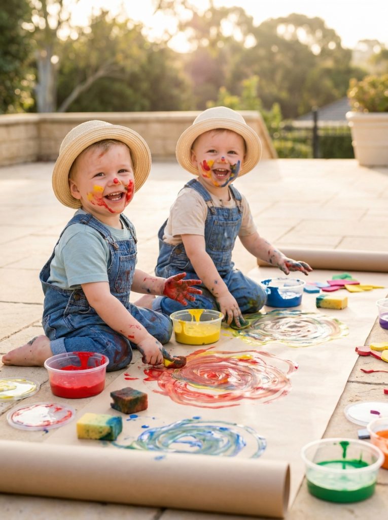 Toddlers doing easy sensory fun summer crafts finger painting bright summer colors on large paper joyfully