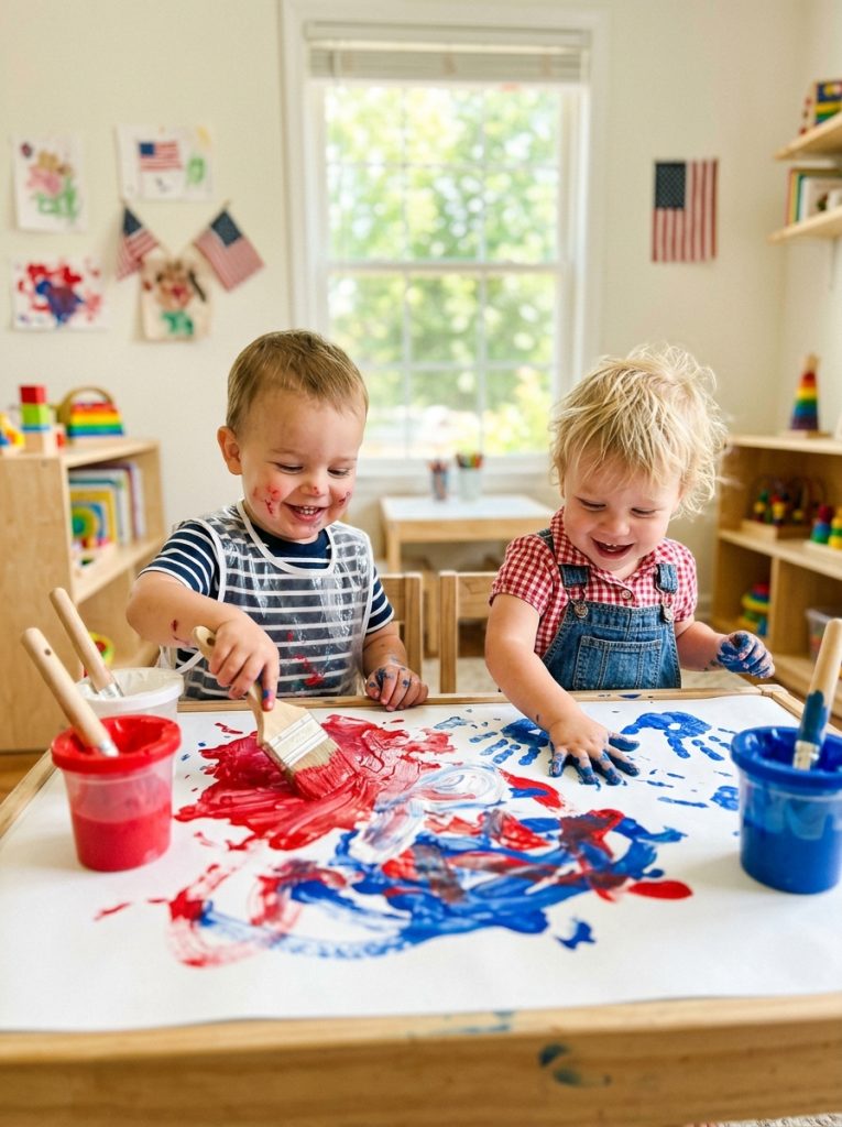  Toddlers doing easy painted 4th of July crafts with chunky brushes in red white blue on large paper joyfully 