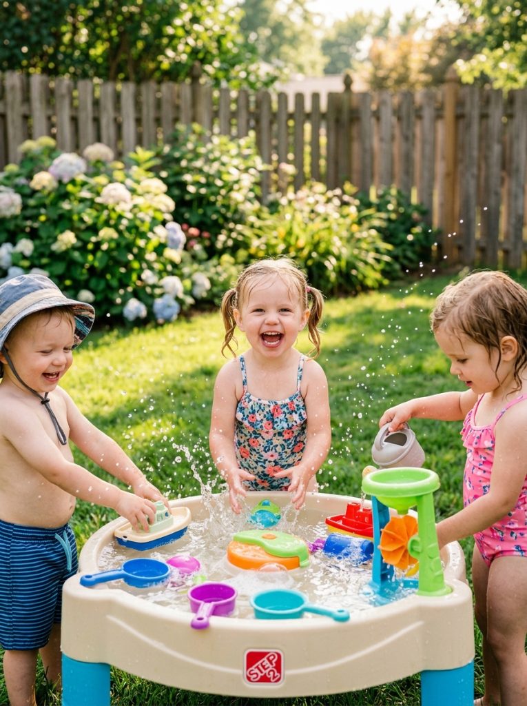 Toddlers splashing happily at colorful outdoor water table in sunny backyard