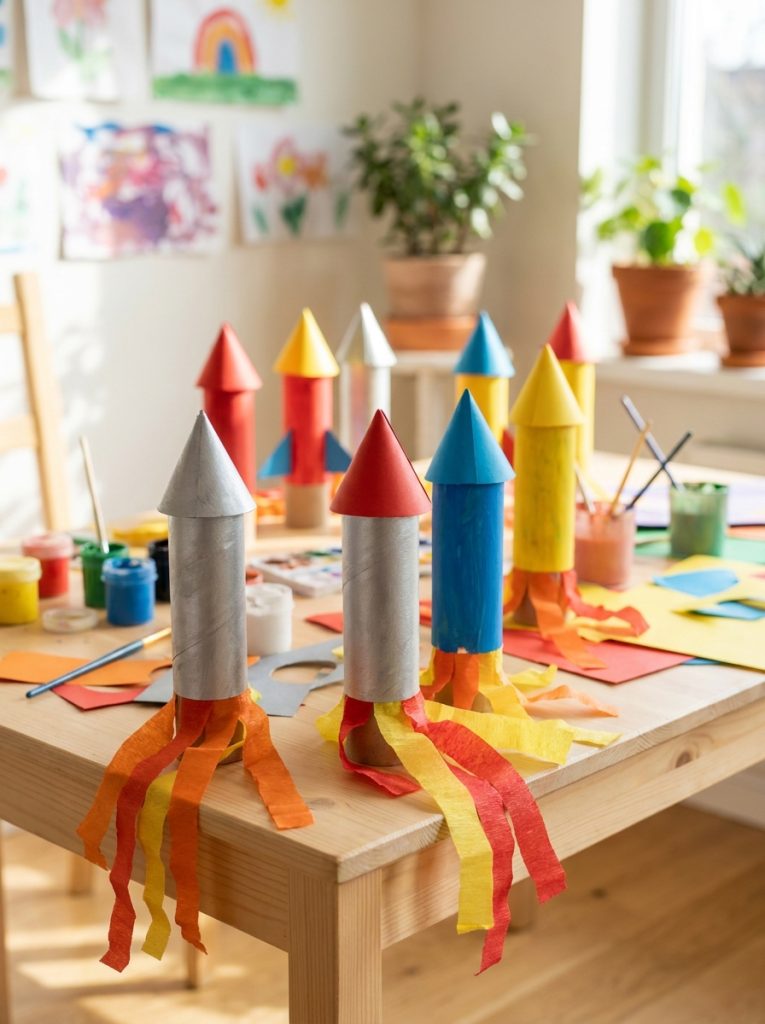 Toilet roll rocket ships painted silver and bright colors with cone tops and flame streamers on craft table