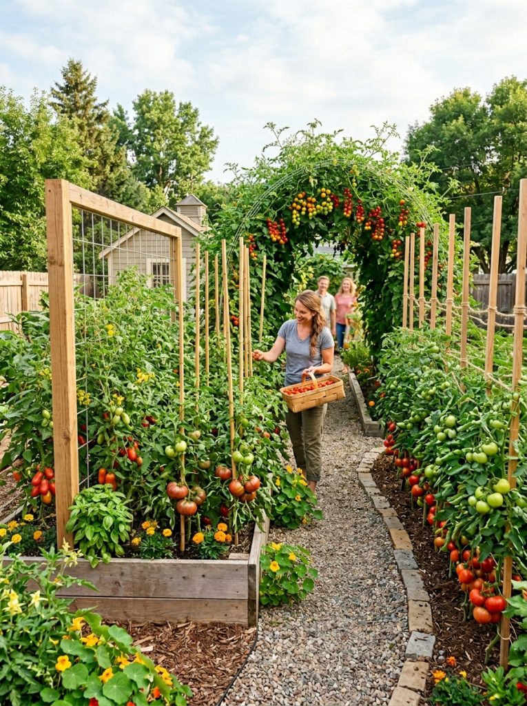Complete tomato garden with cattle panel arch Florida weave row raised bed trellis and bamboo stakes all loaded with tomatoes 