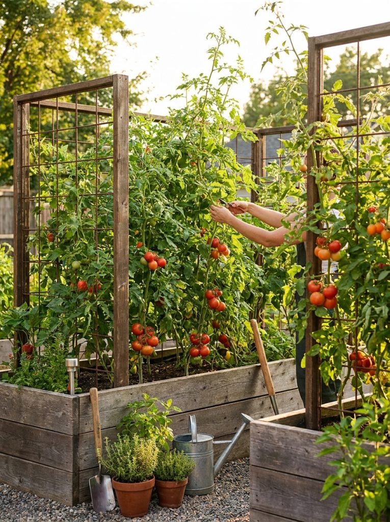 Productive raised bed tomato trellis with integrated frames attached to bed sides supporting healthy tomato plants in raised garden beds 