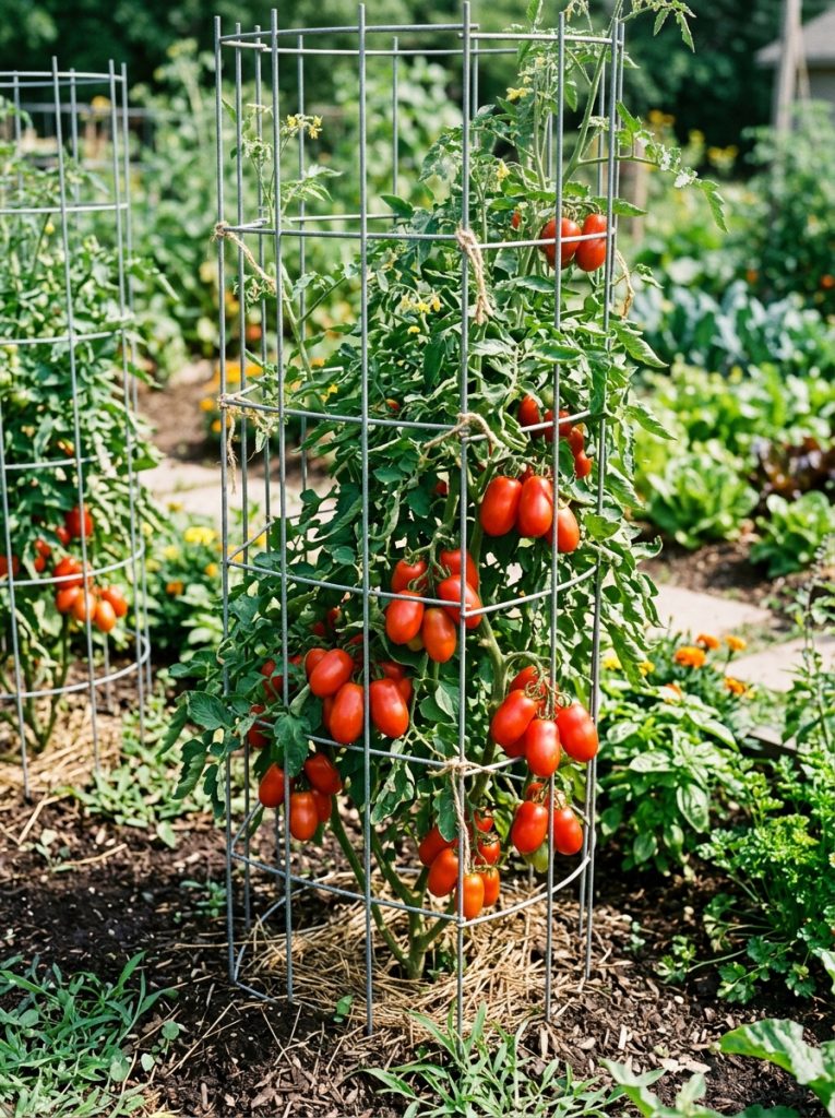 Large sturdy metal tomato cage enclosures around thriving plants heavy with ripe red tomatoes
