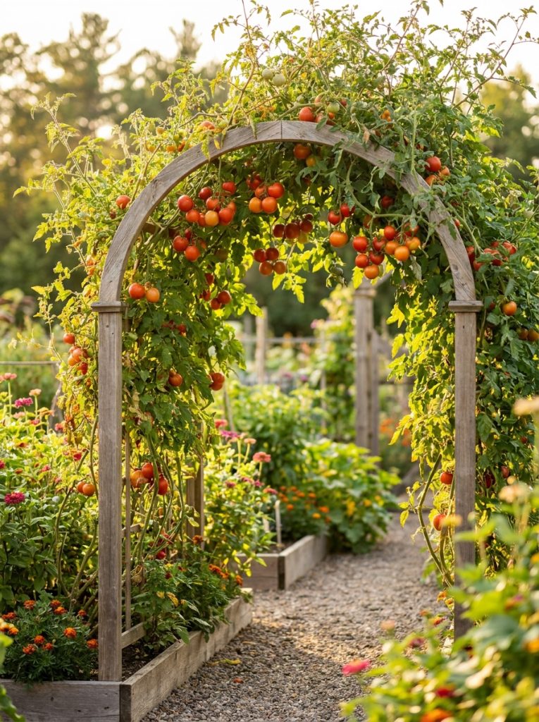 Beautiful tomato trellis arch with elegant arch structure supporting vining tomatoes creating stunning garden focal point with hanging fruit