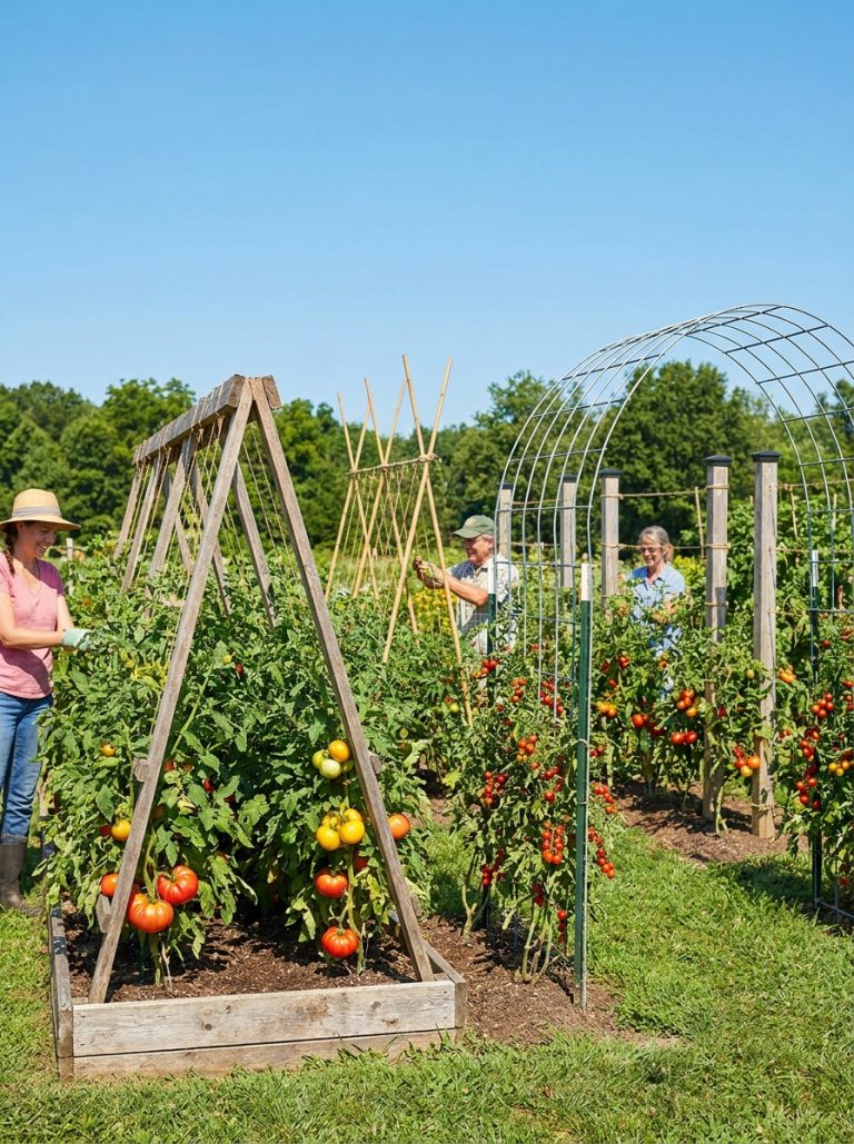 Beautiful tomato trellis ideas display with bamboo stake cattle panel arch wooden frame and Florida weave systems supporting heavy tomato plants