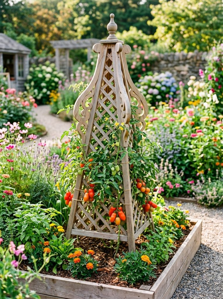 Sturdy DIY frame tomato trellis with rectangular wooden structure horizontal support bars and productive tomato plants trained along levels Pin Title: Frame Easy DIY Tomato Trellis Ideas Sturdy Garden 