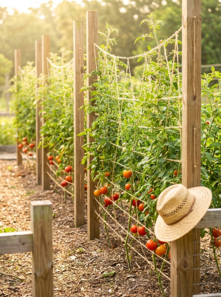 Neat productive Florida weave tomato trellis with wooden posts and twine woven back and forth supporting multiple tomato plants in row 