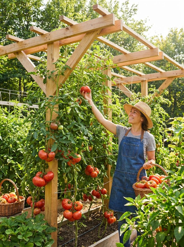 Strong indeterminate tomato trellis with tall sturdy structures supporting very tall heavily productive tomato plants with fruit at multiple heights