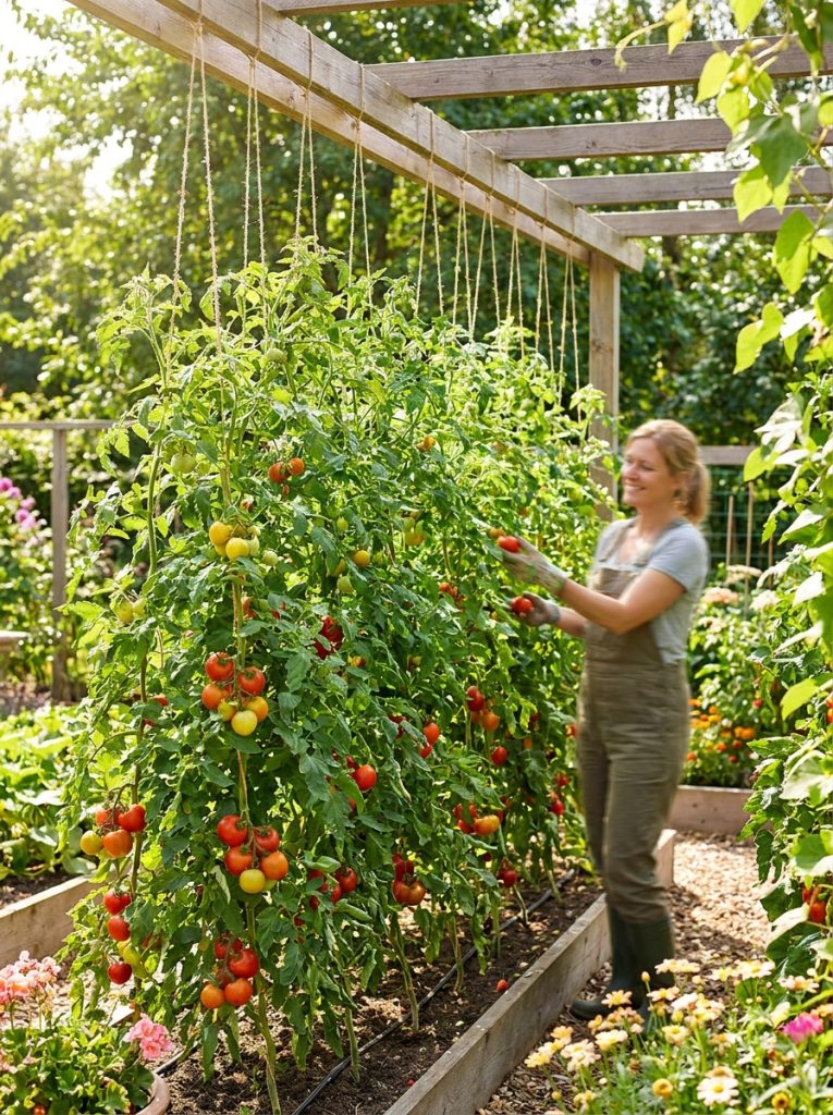  Beautiful vertical string tomato trellis with overhead support and hanging strings for vining tomatoes to climb straight up 