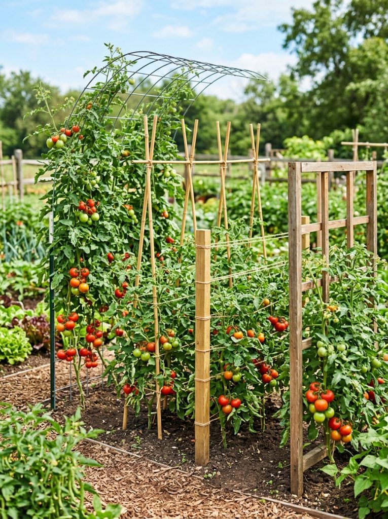 Best tomato trellis systems compared with cattle panel bamboo stake Florida weave and wooden panel supporting productive tomatoes