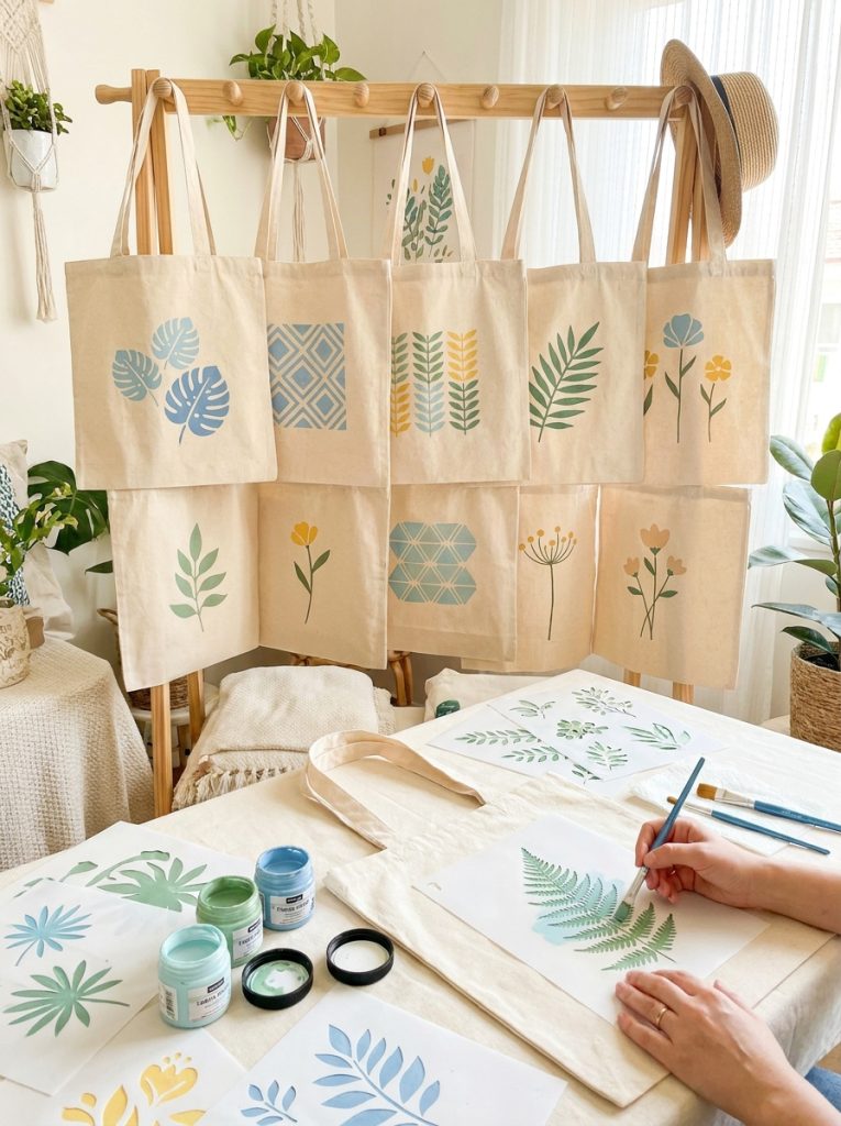 Beautiful simple aesthetic tote bag painting with crisp stenciled designs and botanical motifs creating consistent painted results
