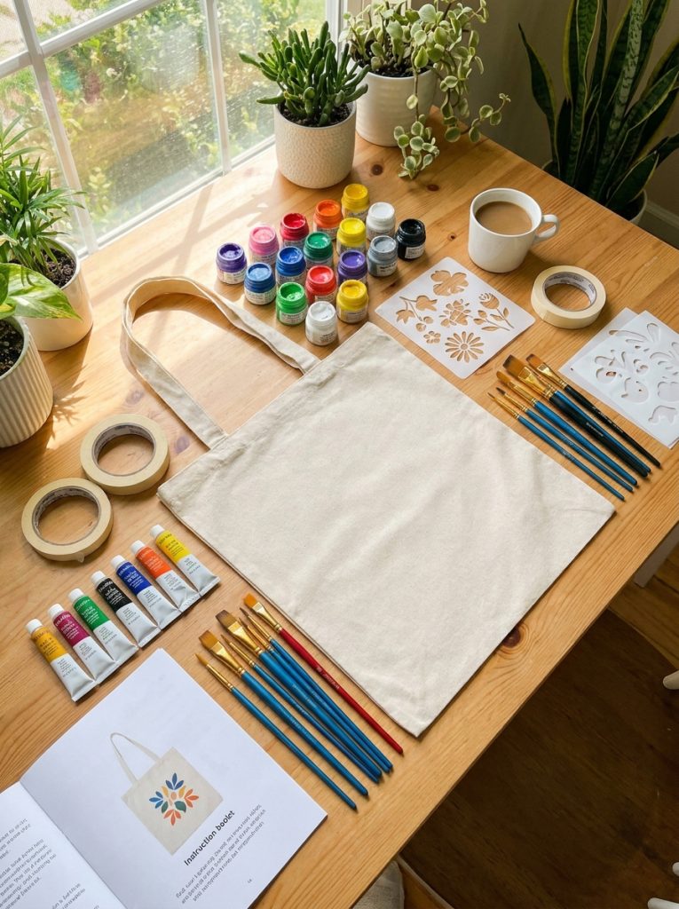 Complete tote bag painting kit with fabric paint colors brushes plain canvas tote bag and all materials on craft table