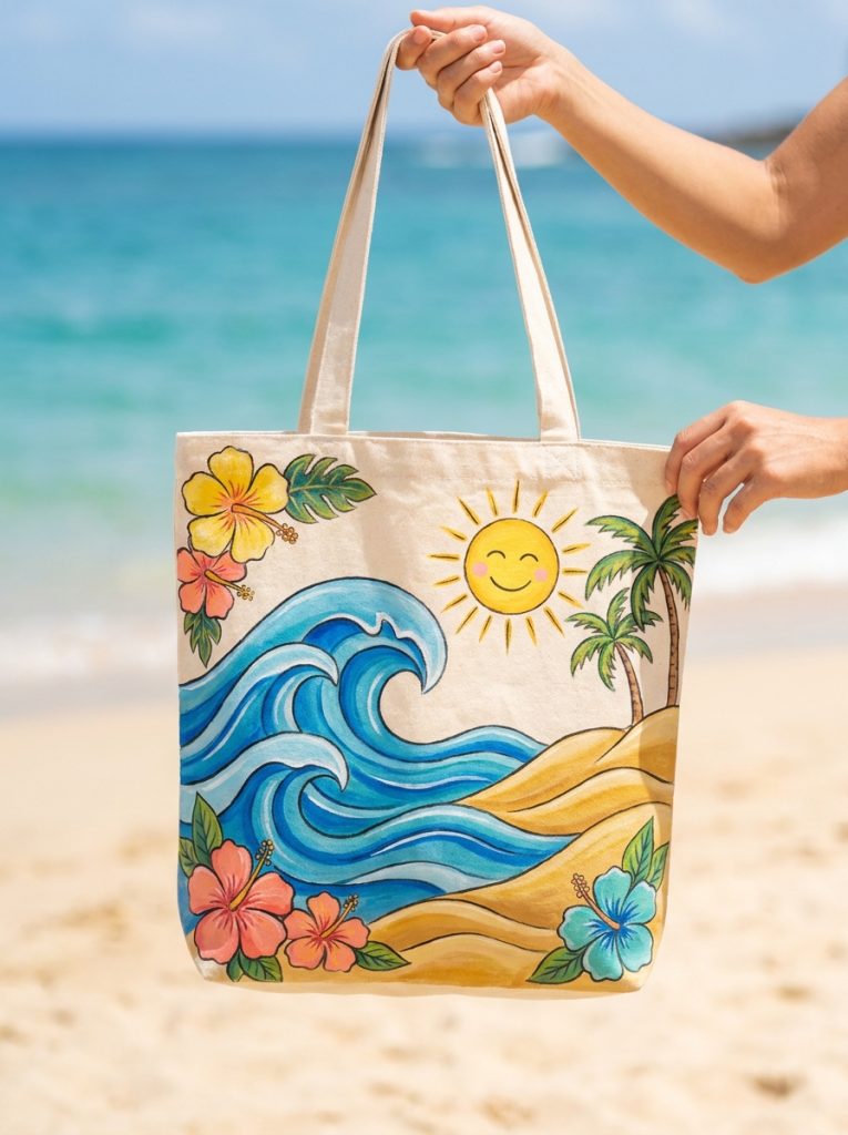 Beautiful summer beach vibes painted tote bag with ocean waves golden sand sunshine and tropical elements in bright summer colors Pin