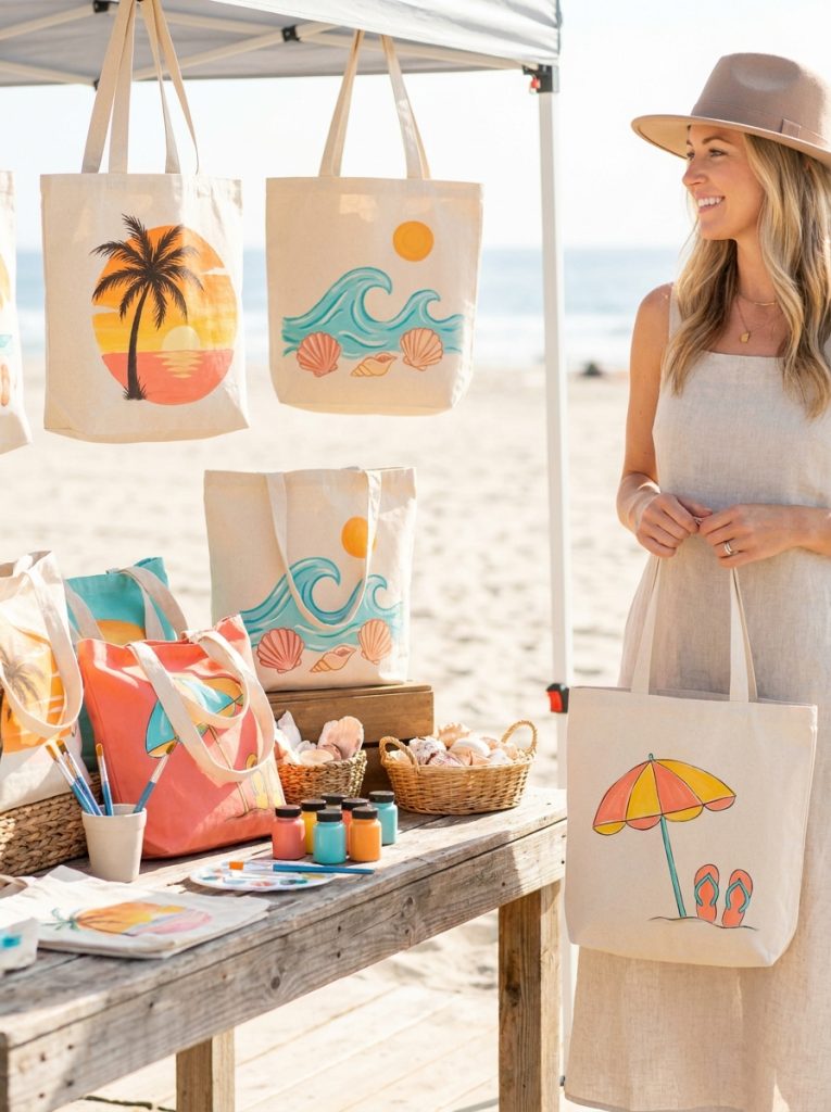 Beautiful summer beach tote bags with palm trees sunset waves shells and beach elements in warm summer colors as collection