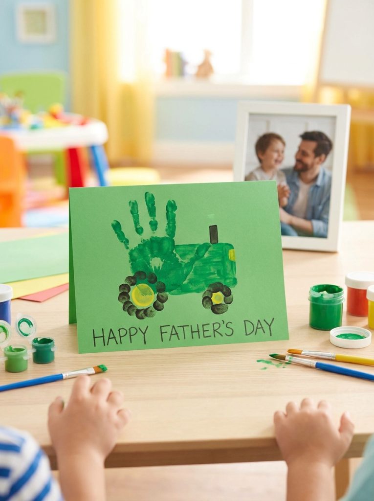  Cute green tractor handprint craft for fathers day with fingerprint wheels and message