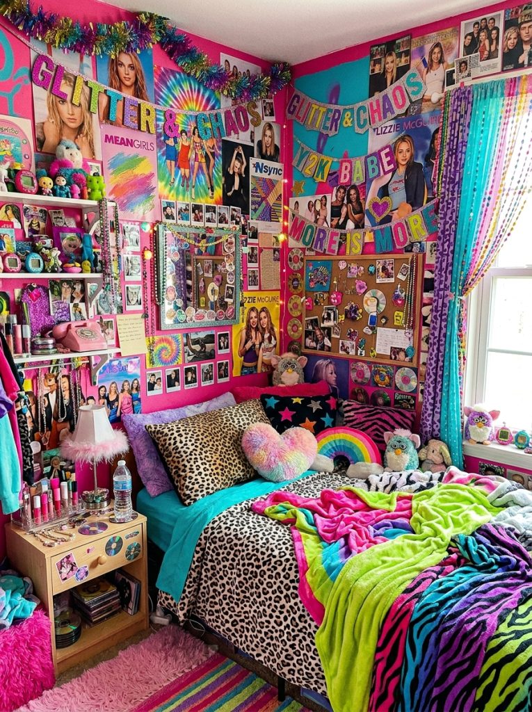 Creative trashy Y2K DIY room decor in maximalist style with clashing bright colors layered prints mixed patterns over-the-top elements