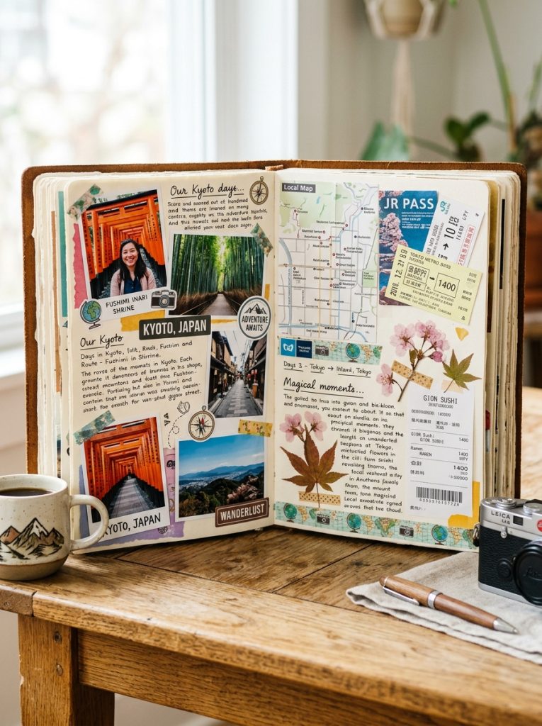 Beautiful travel scrapbook with destination photos ticket stubs pressed flowers maps restaurant receipts and handwritten journal entries 