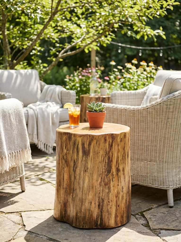 Beautiful tree stump natural side table with drink and small plant on smooth top in sunny outdoor seating area