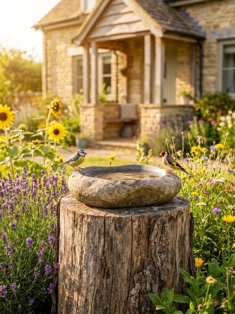 Beautiful tree stump with natural birdbath on top with birds visiting in sunny front yard with surrounding plants
