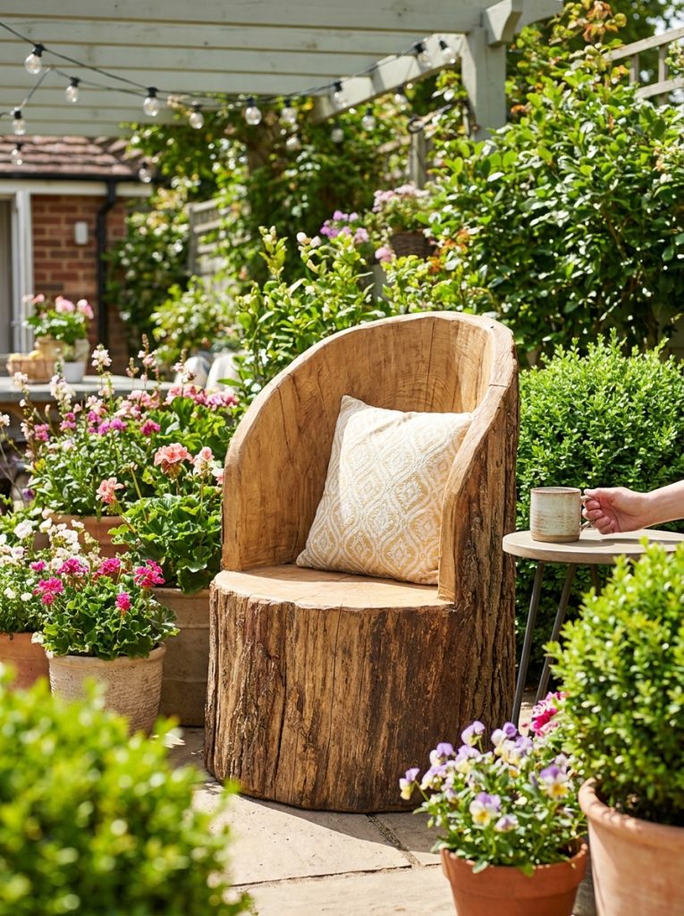 Creative tree stump carved into natural chair shape with cushion in sunny backyard surrounded by plants