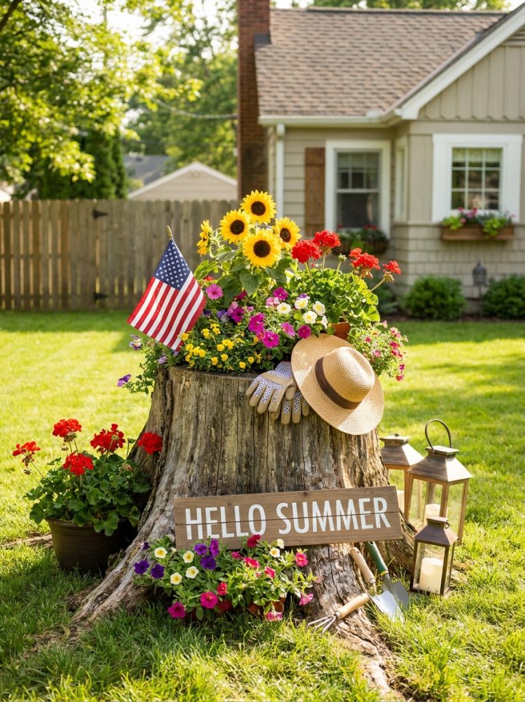 Tree stump decorated for summer with bright flowers small flag and seasonal accessories in cheerful front yard