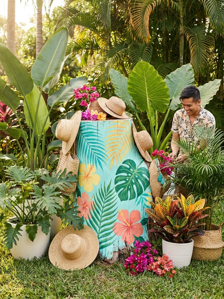 Creative tree stump decorated in tropical style surrounded by large leafy tropical plants and bright flowers in sunny garden