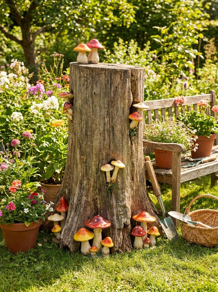 Tree stump decorated with painted mushrooms in various sizes growing around base as whimsical outdoor garden art