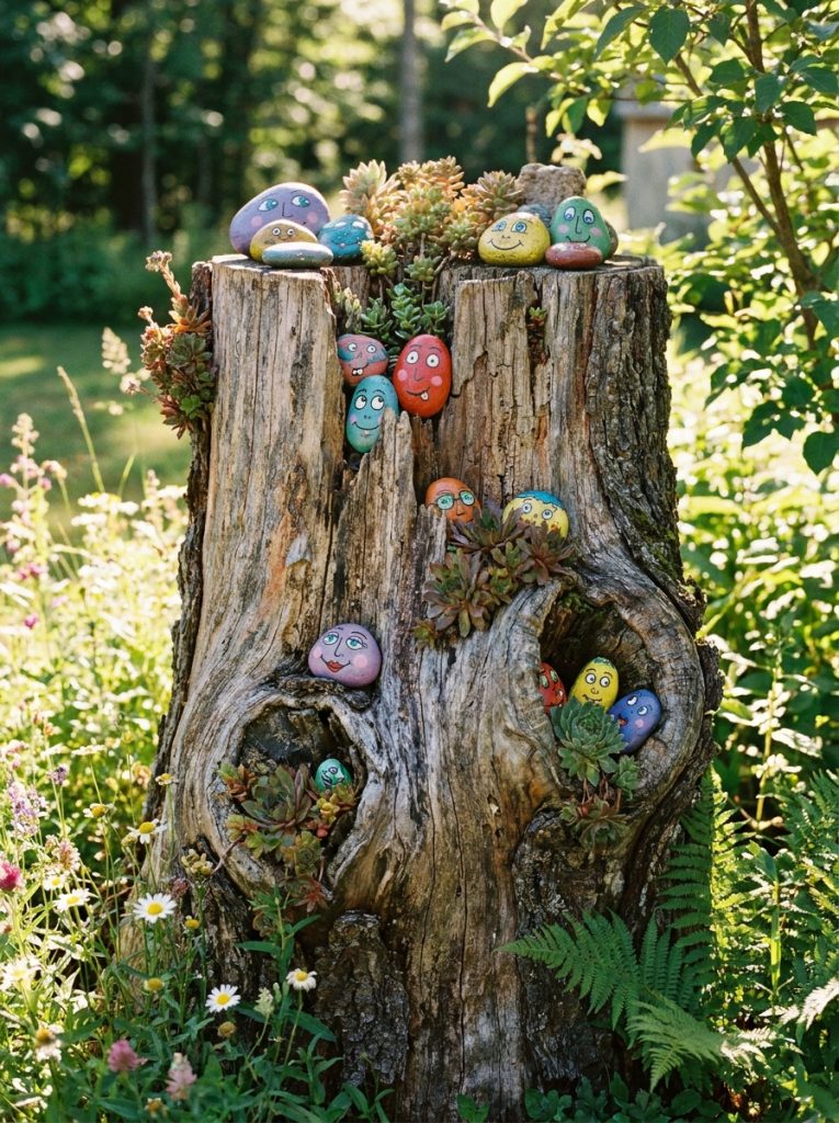Creative tree stump with painted rock faces and succulents growing in bark crevices as charming outdoor art