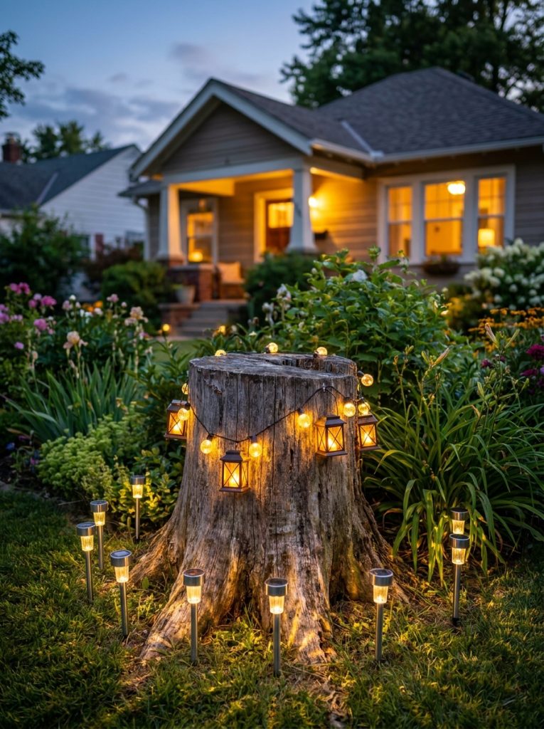 Tree stump beautifully decorated with glowing solar stake lights in circle around base at dusk in front yard