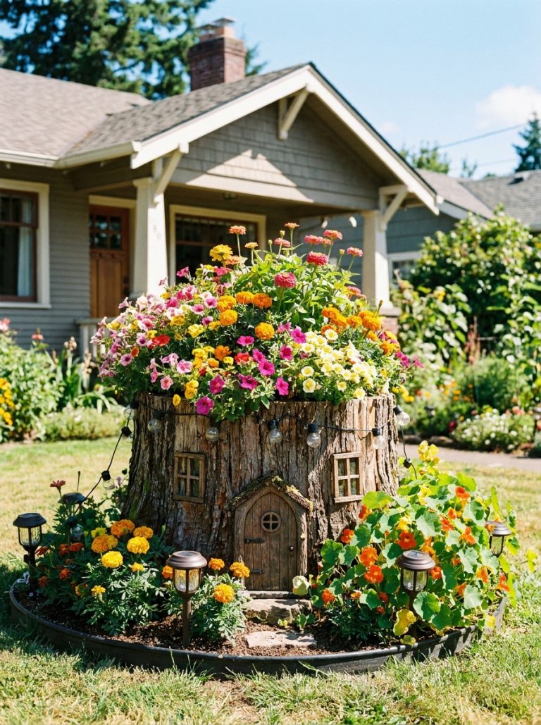Beautiful tree stump transformed into colorful flower planter with solar lights and fairy door in sunny front yard